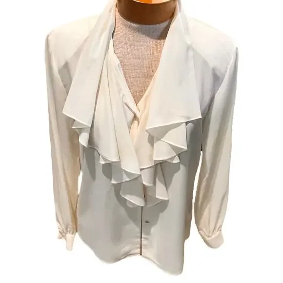 Vintage Size 8/S/M? Petite Sophisticate Womens Ruffled Blouse Ivory Long Sleeve - Picture 2 of 9